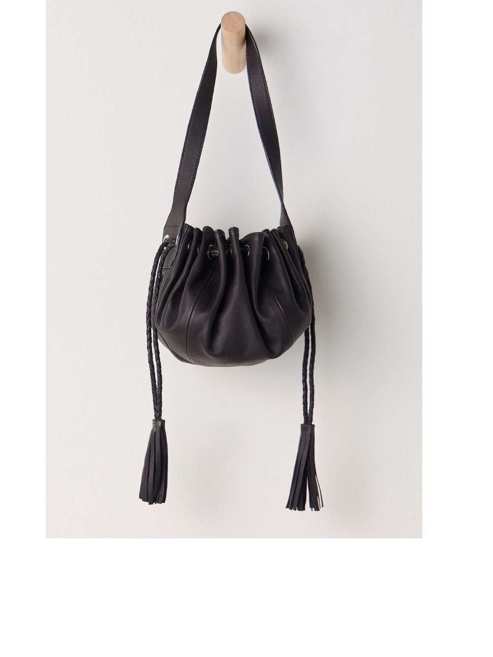Free People Black Drawstring Tassel Bucket Shoulder Bag